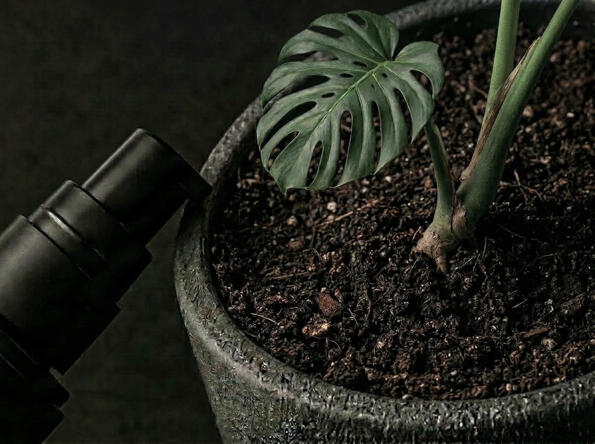 薄めずそのまま使える、観葉植物用液体肥料EneBaute（エナボーテ）がヒメモンステラの用土に滴下されるイメージ
